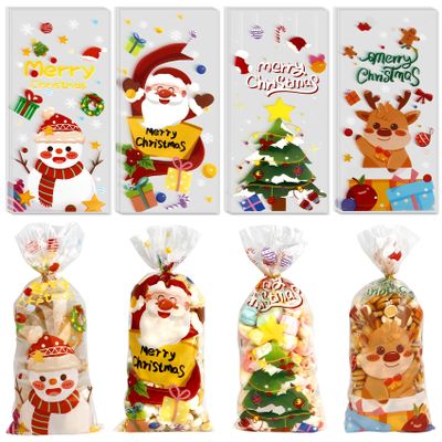 100 PCS Christmas Cellophane Treat Bags(5x11 Inch) with Tie, Plastic Christmas Bags for Candy Goodie Goody Cookie Gift Wrap Xmas Santa Pouches Frozen Winter Holiday Party Favors Supplies Decorations