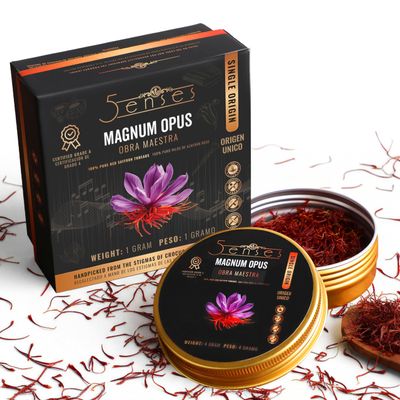 5Senses Kashmir Mongra Saffron | Azafran | Magnum Opus | Premium Grade A Saffron Threads | Whole Red Gold Spice | Single Origin, Non-GMO, Fairtrade, Gluten-Free, Vegan, Plastic Neutral (0.035oz/1g)