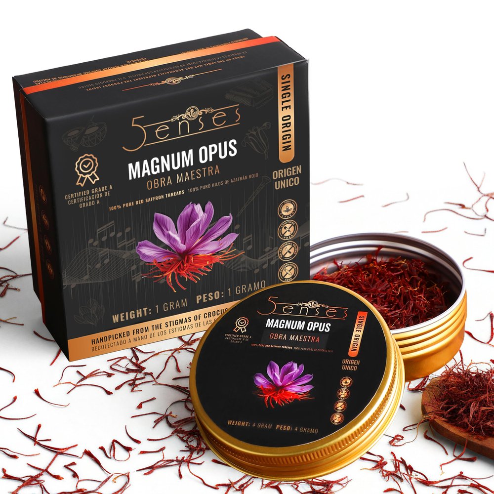 5Senses Kashmir Mongra Saffron | Azafran | Magnum Opus | Premium Grade A Saffron Threads | Whole Red Gold Spice | Single Origin, Non-GMO, Fairtrade, Gluten-Free, Vegan, Plastic Neutral (0.035oz/1g)