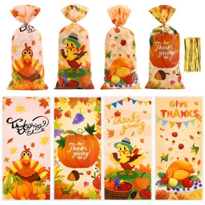 100 PCS Fall Treat Bags(5x11 Inch) with Ties Thankgiving Turkey Goodie Candy Gifts Bags Bulk Autumn Pouches for Thanksgiving Home Party Favors Supplies Decorations Friendsgiving Cellophane Bag