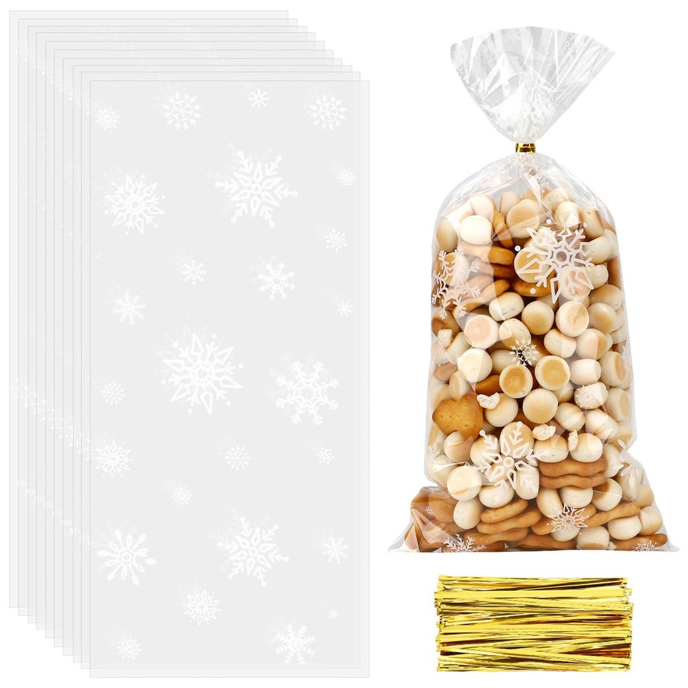 100 PCS Christmas Cellophane Treat Bags(5x11 Inch) with Ties Plastic Snowfake Goodie Candy Cookie Loot Gifts Bags Bulk Pouches for Winter Christmas Frozen Party Favors Supplies Decorations Holiday Birthday