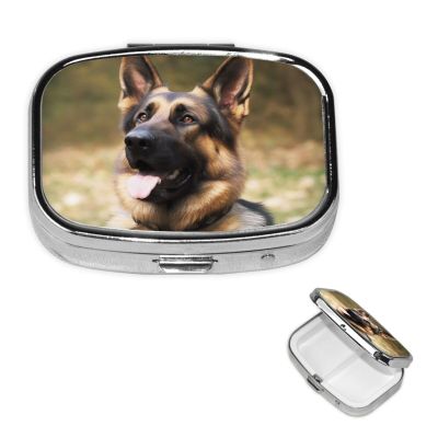 Animal German Shepherd Pill Box 2 Compartment Square Portable Pill Case for Pocket or Purse Pill Holder Weekly Pill Organizer Decorative Metal Medicine Vitamin Organizer Travel Gift