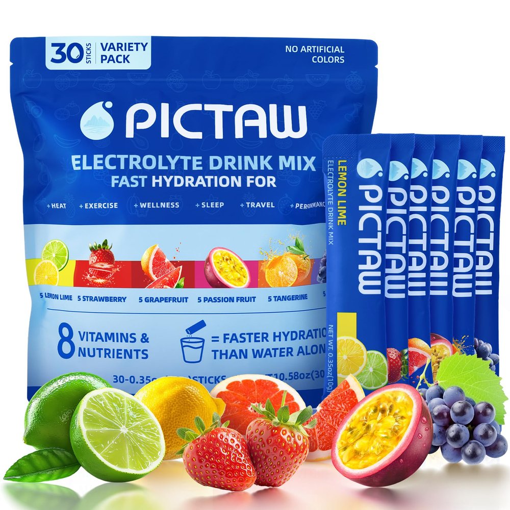 PICTAW Electrolytes Powder Packets, Hydration Packets Variety 30 Stick Packs, Drink Mix Liquid Daily IV for Dehydration Relief Low Sugar/Vegan/Non-GMO 300g
