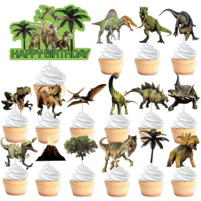 VARACL Dinosaur Cupcake Toppers Kit - 31PCS Realistic Dinosaur Birthday Decorations with Happy Birthday Banner, Dino Cake Topper Party Supplies for Kids Boys Girls Cake Decorations