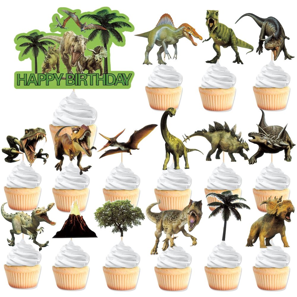 VARACL Dinosaur Cupcake Toppers Kit - 31PCS Realistic Dinosaur Birthday Decorations with Happy Birthday Banner, Dino Cake Topper Party Supplies for Kids Boys Girls Cake Decorations