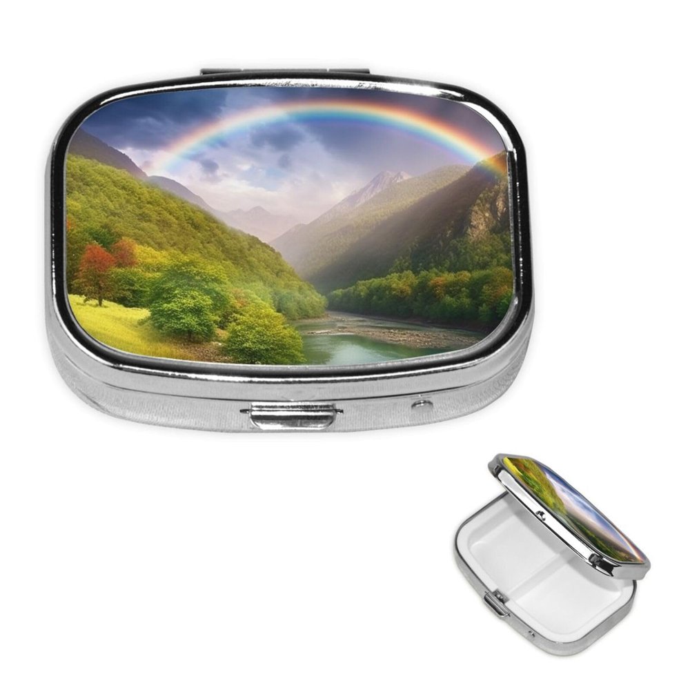 Mountain Valley with Rainbow Pill Box 2 Compartment Square Portable Pill Case for Pocket or Purse Pill Holder Weekly Pill Organizer Decorative Metal Medicine Vitamin Organizer Travel Gift