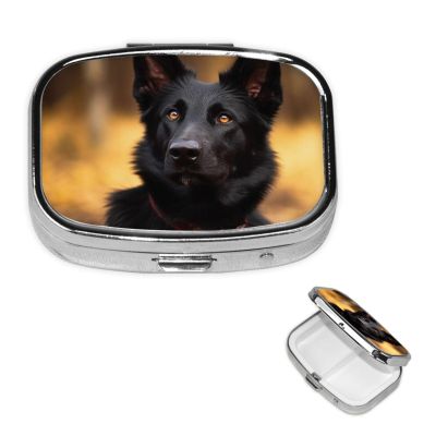 Black German Shepherd Dog Pill Box 2 Compartment Square Portable Pill Case for Pocket or Purse Pill Holder Weekly Pill Organizer Decorative Metal Medicine Vitamin Organizer Travel Gift
