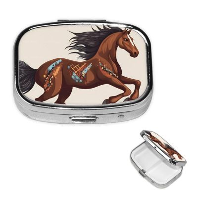 Brown Horse Pill Box 2 Compartment Square Portable Pill Case for Pocket or Purse Pill Holder Weekly Pill Organizer Decorative Metal Medicine Vitamin Organizer Travel Gift