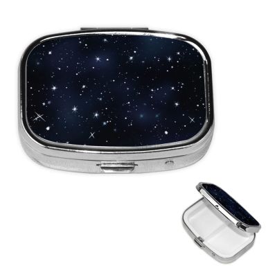 Cluster of Stars in Night Sky Pill Box 2 Compartment Square Portable Pill Case for Pocket or Purse Pill Holder Weekly Pill Organizer Decorative Metal Medicine Vitamin Organizer Travel Gift