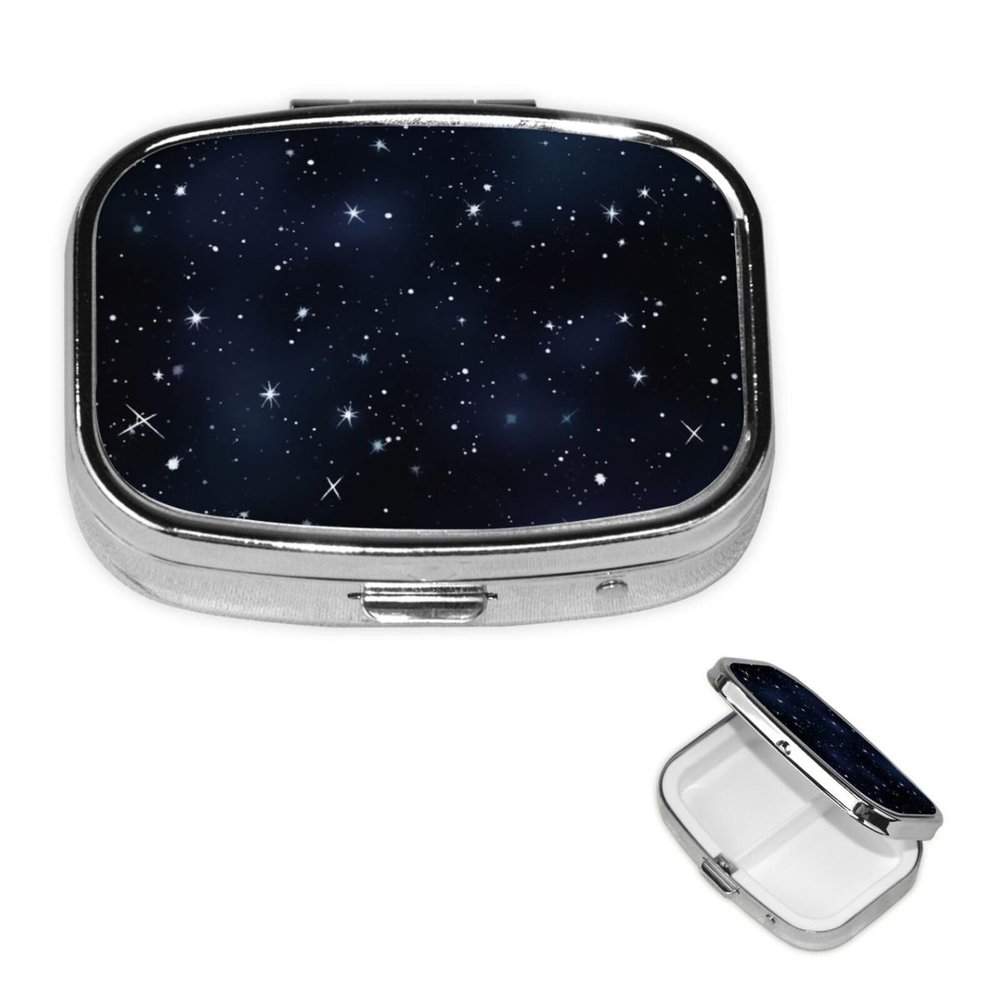 Cluster of Stars in Night Sky Pill Box 2 Compartment Square Portable Pill Case for Pocket or Purse Pill Holder Weekly Pill Organizer Decorative Metal Medicine Vitamin Organizer Travel Gift