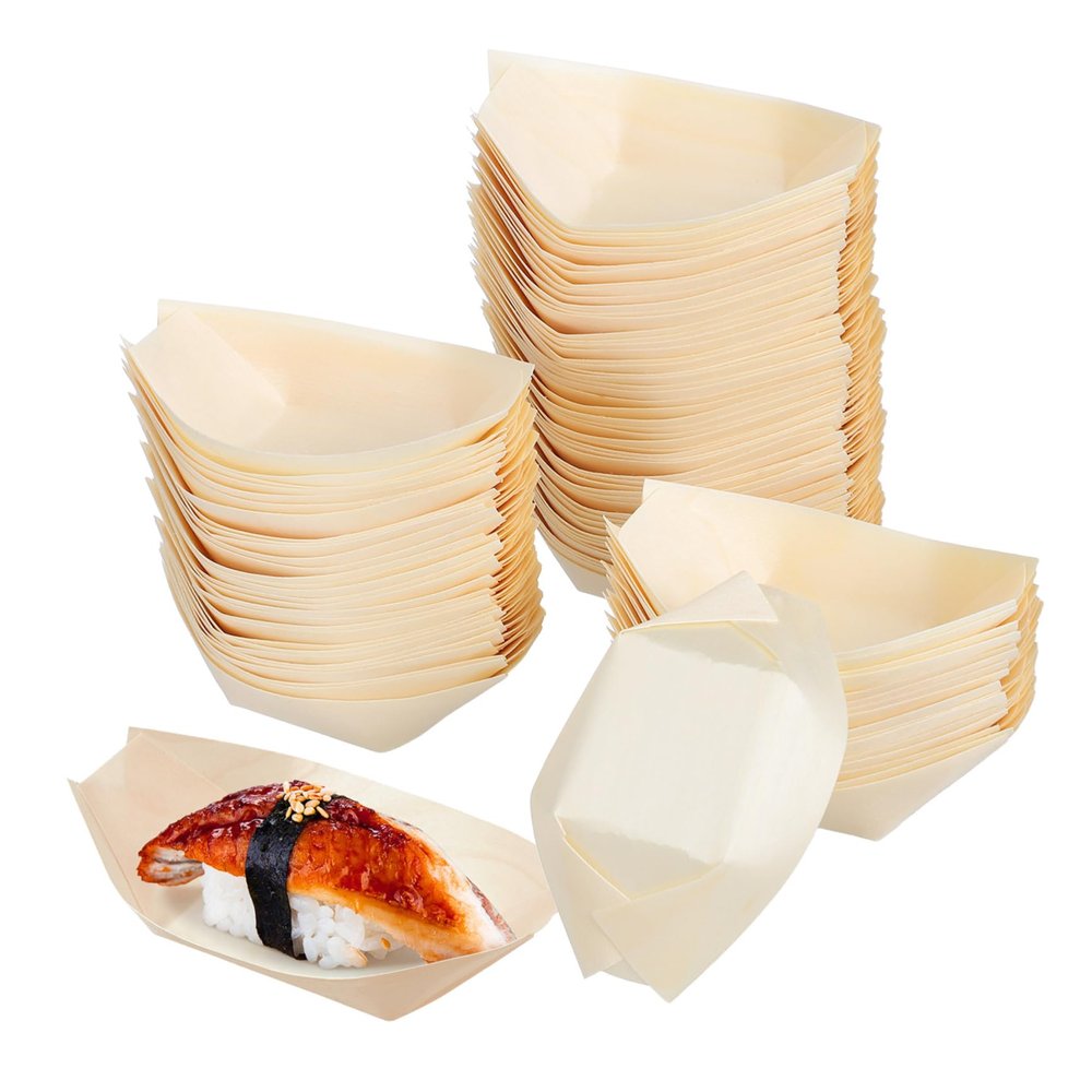 HOMOBABE 100pcs Disposable Sushi Wood Boats Premium Natural Snack Plates for Sushi Salads Desserts Serving Trays for Parties Restaurants Dinners Design