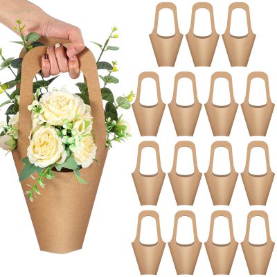 Gilprop 15 Packs Kraft Paper Flowers Gift Bags with Handle Flowers Bouquet Holder for Wedding, Valentines Day Decoration, Florist Shop (Small,Brown)