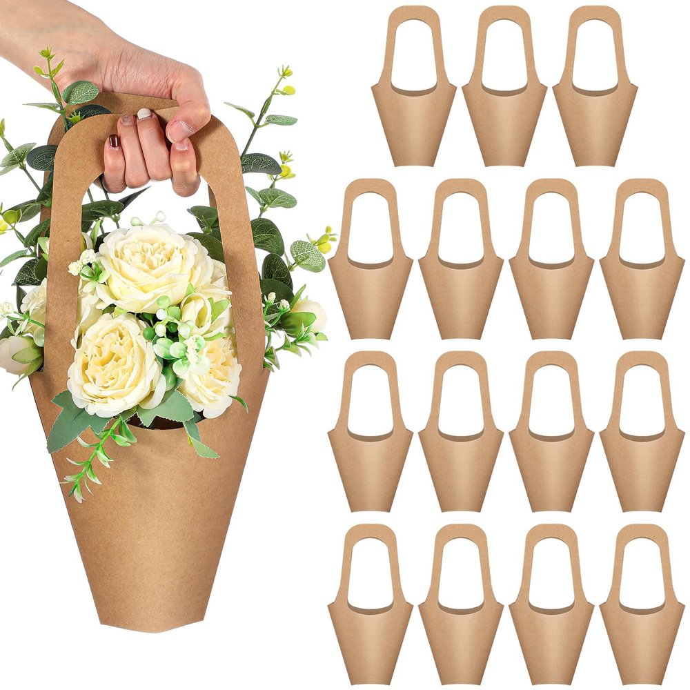 Gilprop 15 Packs Kraft Paper Flowers Gift Bags with Handle Flowers Bouquet Holder for Wedding, Valentines Day Decoration, Florist Shop (Small,Brown)