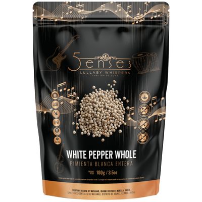 5Senses Malabar Whole White Pepper | Pimienta Blanca | Lullaby Whispers | 100% Natural, Non-GMO, Fairtrade Whole Spices, Gourmet Spice, Kosher and Vegan Spices (3.5oz/100g)