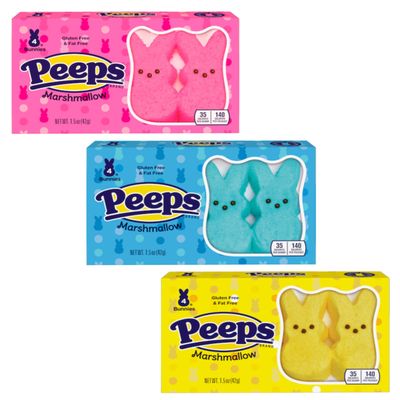 Peeps Marshmallow Bunnies - Pack of 3 - One of Box of Each Color - Blue, Pink and Yellow - Perfect for Easter Baskets - Classic Treat Everyone is Sure to Love