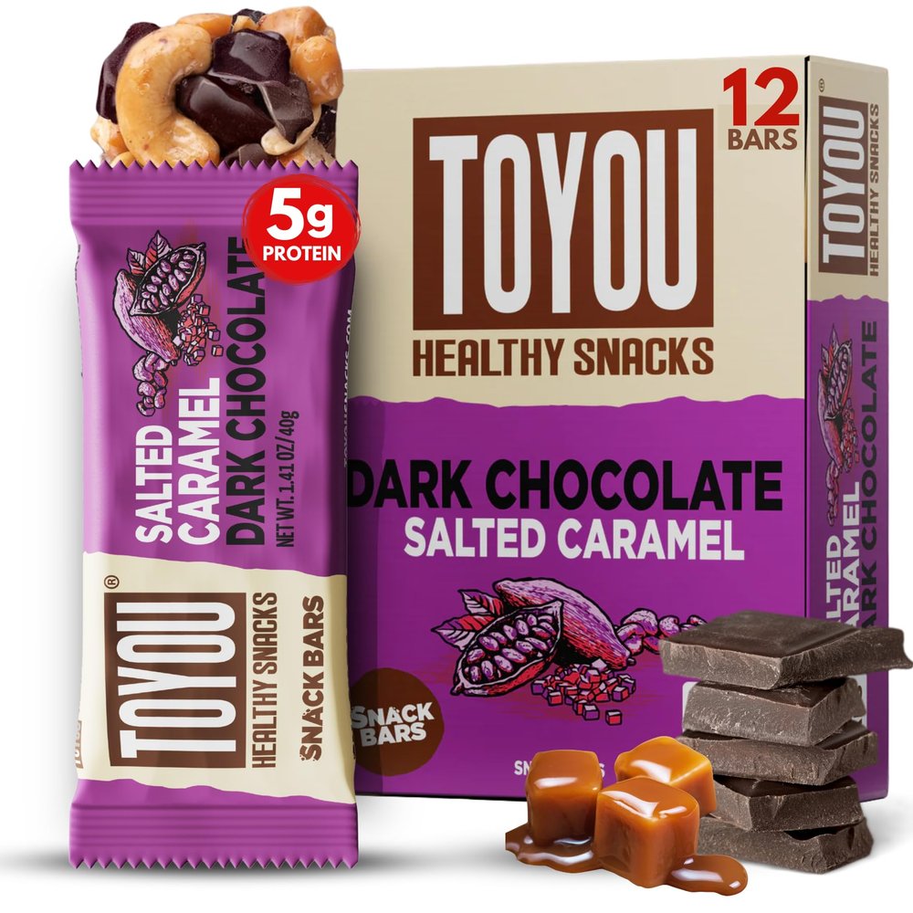 ToYou Gluten Free Chewy Fruit and Nut Bars - Healthy Protein Snacks | Salted Caramel Dark Chocolate - 1.41 Ounce (Pack of 12) | Soft Chewy, Fiber-Packed Granola Bars for Adults and Kids, Made with Natural Ingredients
