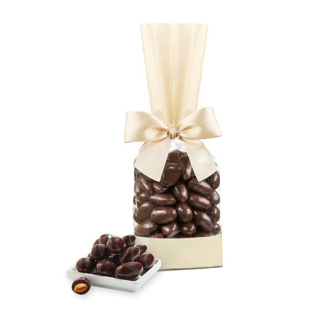 Chocolate Covered Almonds Gift Bag Kosher, DairyFree Fathers Day Candy Treat for Dad, Husband & Teacher Appreciation Cream Gift Bag with Satin Bow (Approx. 8 oz)