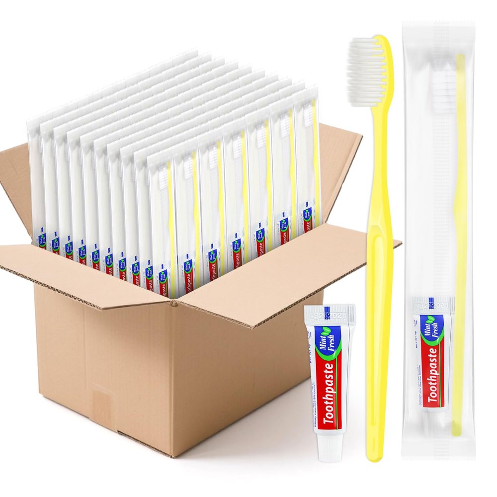 HOIQIRY Yellow Disposable Toothbrushes with Toothpaste - Pack of 500,Individually Wrapped Single Use Travel Toothbrushes Kit Bulk for Homeless,Guests,Hotel,Dentist