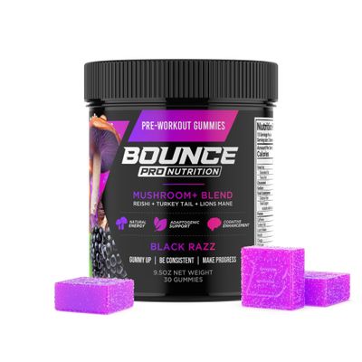 Bounce Pro Pre Workout Gummies 30 Vegan Chewable Gummies with Caffeine, Lions Mane & L-Theanine for Energy, Focus & Endurance Mushroom Preworkout for Men & Women Black Razz Flavor