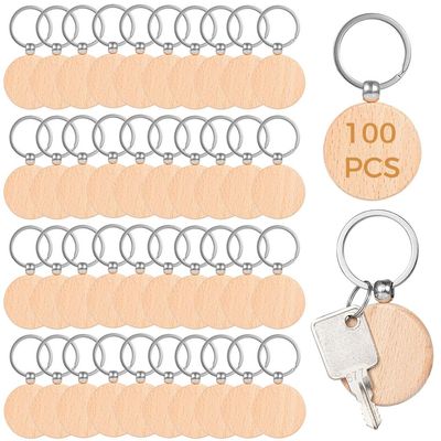 100 Wooden Keychain Blanks, Round DIY Craft Tags, Smooth Wood for Personalization, Wall Hangings, Gift Tags, Pet Tags