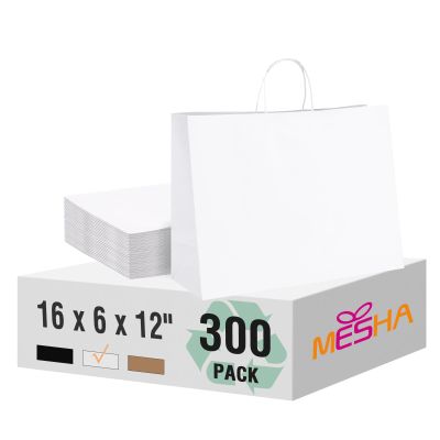 MESHA Gift Paper Bags White 300 PACK 16x6x12 White Large Shopping Kraft Bags Bulk with Handles Reusable for Business,Grocery,Birthday,Wedding,Kids Party,Favors