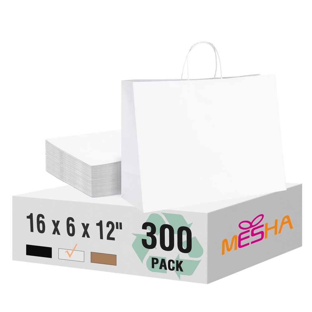 MESHA Gift Paper Bags White 300 PACK 16x6x12 White Large Shopping Kraft Bags Bulk with Handles Reusable for Business,Grocery,Birthday,Wedding,Kids Party,Favors