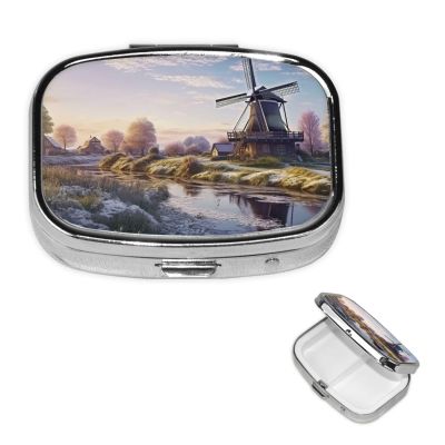 Landscape with a Traditional Windmill Pill Box 2 Compartment Square Portable Pill Case for Pocket or Purse Pill Holder Weekly Pill Organizer Decorative Metal Medicine Vitamin Organizer Travel Gift