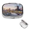 Landscape with a Traditional Windmill Pill Box 2 Compartment Square Portable Pill Case for Pocket or Purse Pill Holder Weekly Pill Organizer Decorative Metal Medicine Vitamin Organizer Travel Gift view 1