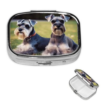 Adult Schnauzer Dogs Pill Box 2 Compartment Square Portable Pill Case for Pocket or Purse Pill Holder Weekly Pill Organizer Decorative Metal Medicine Vitamin Organizer Travel Gift