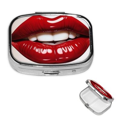 Cute Graphic Red Lips Pill Box 2 Compartment Square Portable Pill Case for Pocket or Purse Pill Holder Weekly Pill Organizer Decorative Metal Medicine Vitamin Organizer Travel Gift