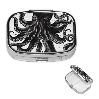 Classic Black Octopus Pill Box 2 Compartment Square Portable Pill Case for Pocket or Purse Pill Holder Weekly Pill Organizer Decorative Metal Medicine Vitamin Organizer Travel Gift