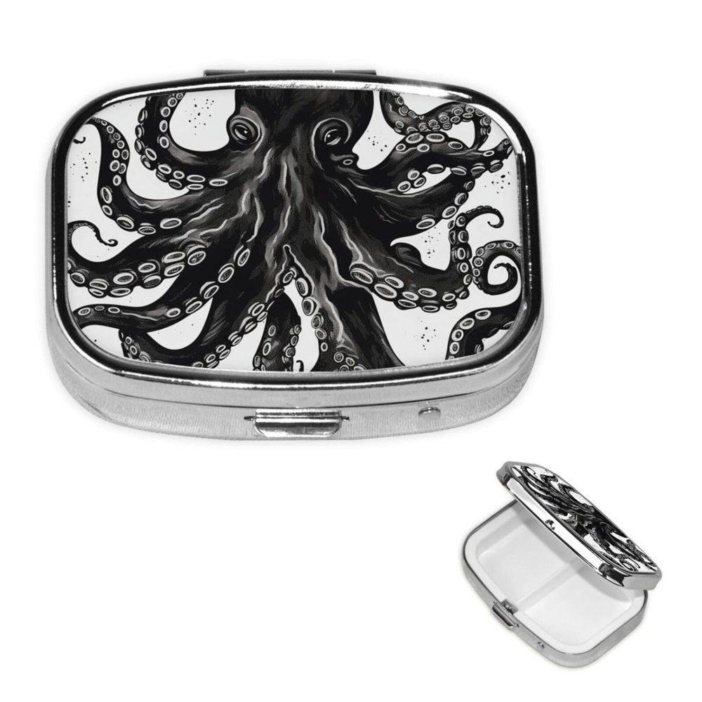 Classic Black Octopus Pill Box 2 Compartment Square Portable Pill Case for Pocket or Purse Pill Holder Weekly Pill Organizer Decorative Metal Medicine Vitamin Organizer Travel Gift