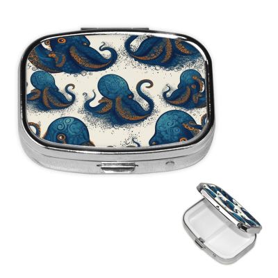 Tentacles Octopus Pill Box 2 Compartment Square Portable Pill Case for Pocket or Purse Pill Holder Weekly Pill Organizer Decorative Metal Medicine Vitamin Organizer Travel Gift