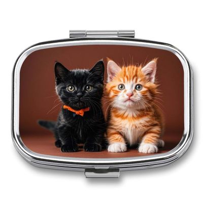 Travel Pill Case Small Pill Box Portable Pills Organizer with 2 Compartments Cute Kitten Black and Orange Cat Pocket Pills Container Fish Oil Box Cute Medicine Organizer Vitamin Organizers