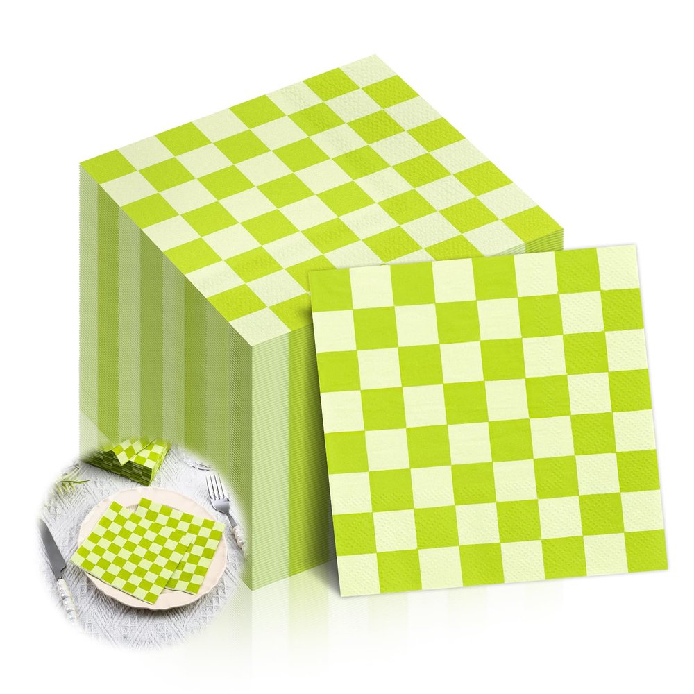 100 Pcs Green Gingham Paper Napkins 5 "X 5" Green Plaid Napkins Disposable Cute Checkered Dinner Napkins Party Supplies for Summer Picnic Cocktail Party Tablescape Birthday Decoration