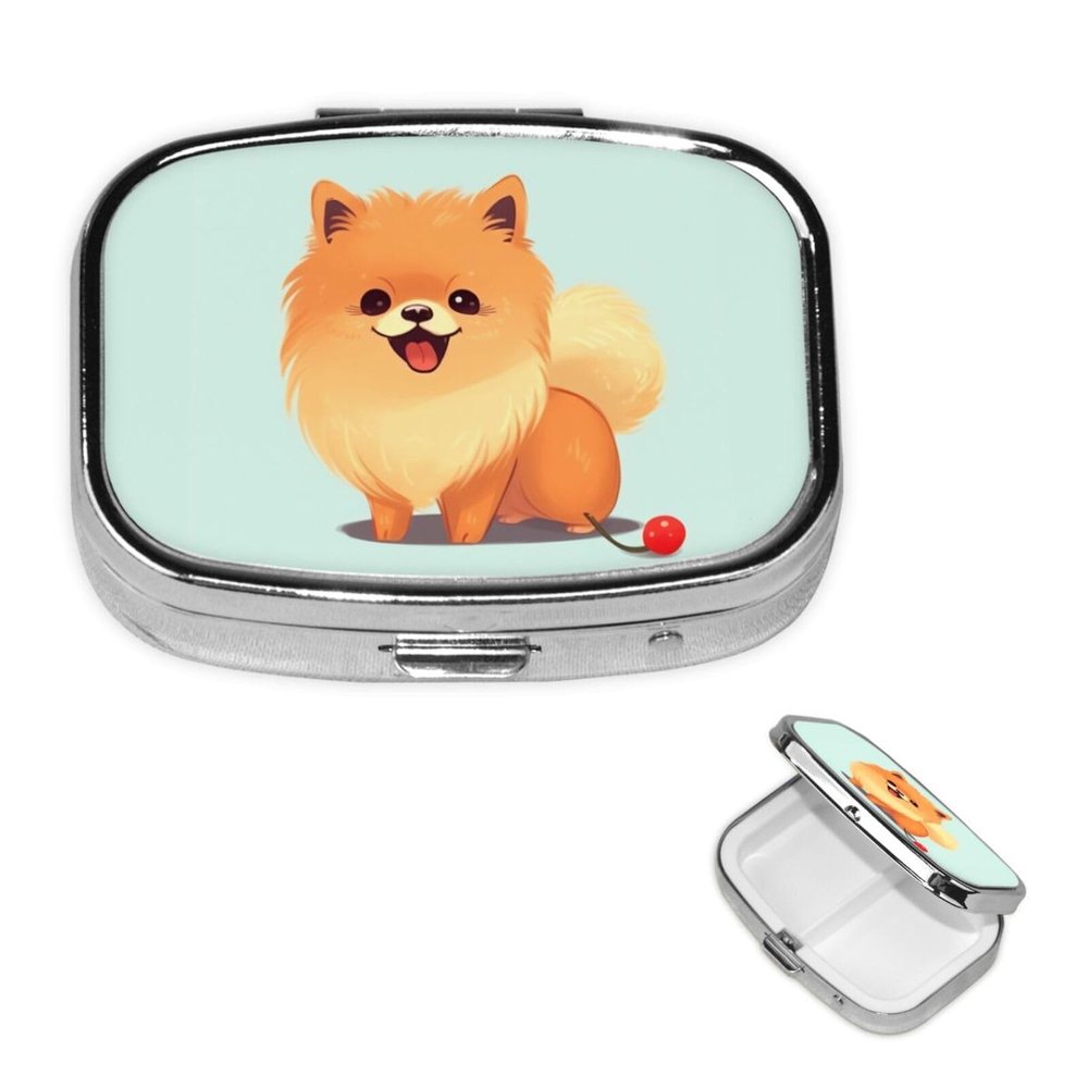 Cartoon Pomeranian Dog Pill Box 2 Compartment Square Portable Pill Case for Pocket or Purse Pill Holder Weekly Pill Organizer Decorative Metal Medicine Vitamin Organizer Travel Gift