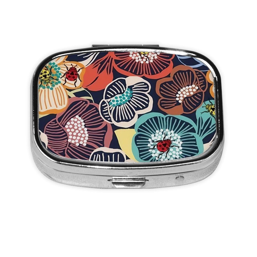YIGOAOIU Metal Silver 2 Compartment Pill Box Pocket Portable Mini Travel Pill Case Square Decorative Medicine Box Vitamin Pill Organizer with Seven Ladybugs and Flowers