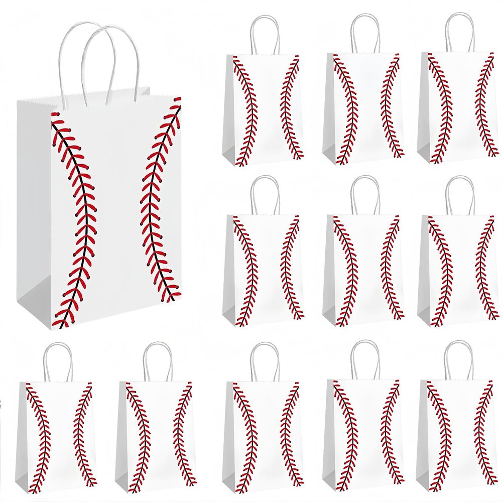 12 Pack Baseball Party Favor Bags with Handles - Baseball Goodie Bags for Kids Team Snacks, Boys Birthday Party Decorations, Sports Themed Paper Gift Sacks for End of Season Treats & Coach Gifts (White)