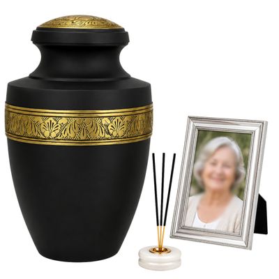 CLEENTABLE Handcrafted Metal Cremation Urn for Human Ashes - Adult Memorial Funeral Urn, Decorative Urn with Engraved Band, Secure Threaded Lid, Felt Base - Holds Up to 220 lbs 11" (Black & Gold)