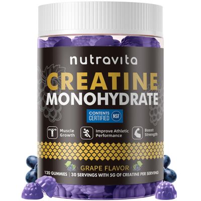 Nutravita Creatine Monohydrate Gummies for Men & Women-5g of Creatine Monohydrate per Serving - Sugar Free,Vegan, Grapes Flavor, 120 Count