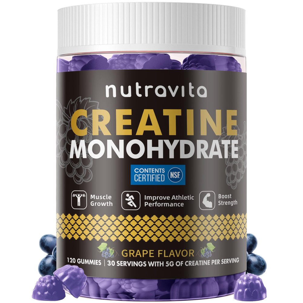 Nutravita Creatine Monohydrate Gummies for Men & Women-5g of Creatine Monohydrate per Serving - Sugar Free,Vegan, Grapes Flavor, 120 Count
