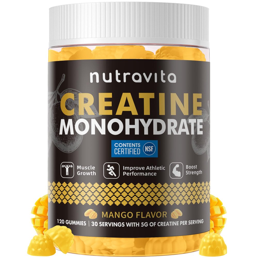 Nutravita Creatine Monohydrate Gummies for Men & Women-5g of Creatine Monohydrate per Serving - Sugar Free,Vegan, Mango Flavor, 120 Count