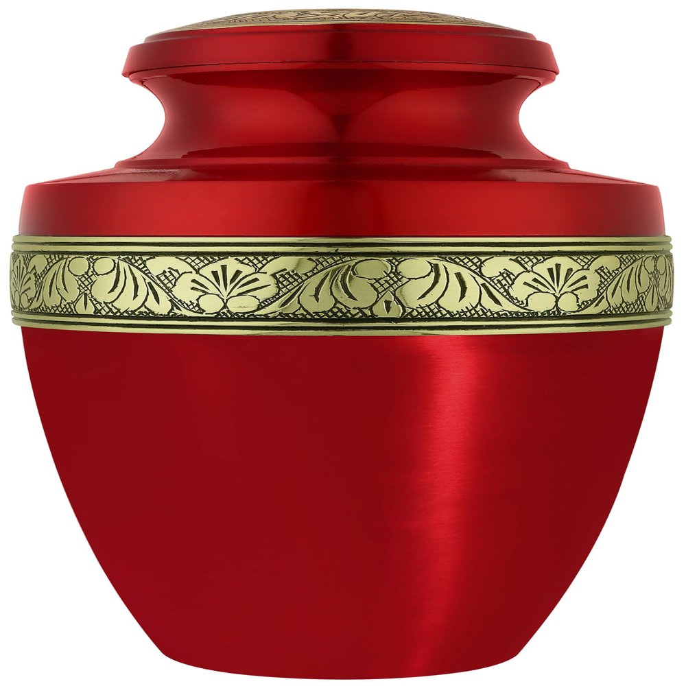 CLEENTABLE Adult Cremation Urns Metal Cremation Urns for Human Ashes Aluminum Funeral Urn with Glossy Red Finish & Gold Floral Engraving, Secure Threaded Lid, Memorial Urn