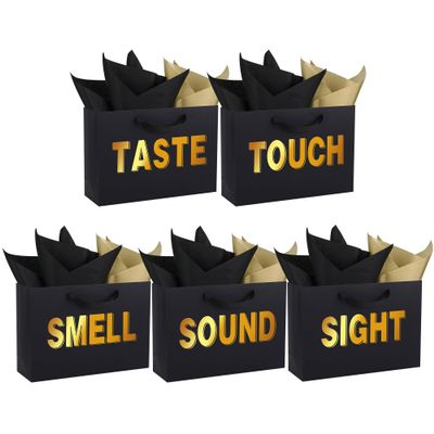 STOBOCTER 5 Senses Gift Bags for Him Her Five Senses Gift Bags with Ribbon Handles and Tissue Paper Present Wrappings for Valentine Wedding Christmas Anniversary Birthday(Black, 12.6''x8.8''x4'')