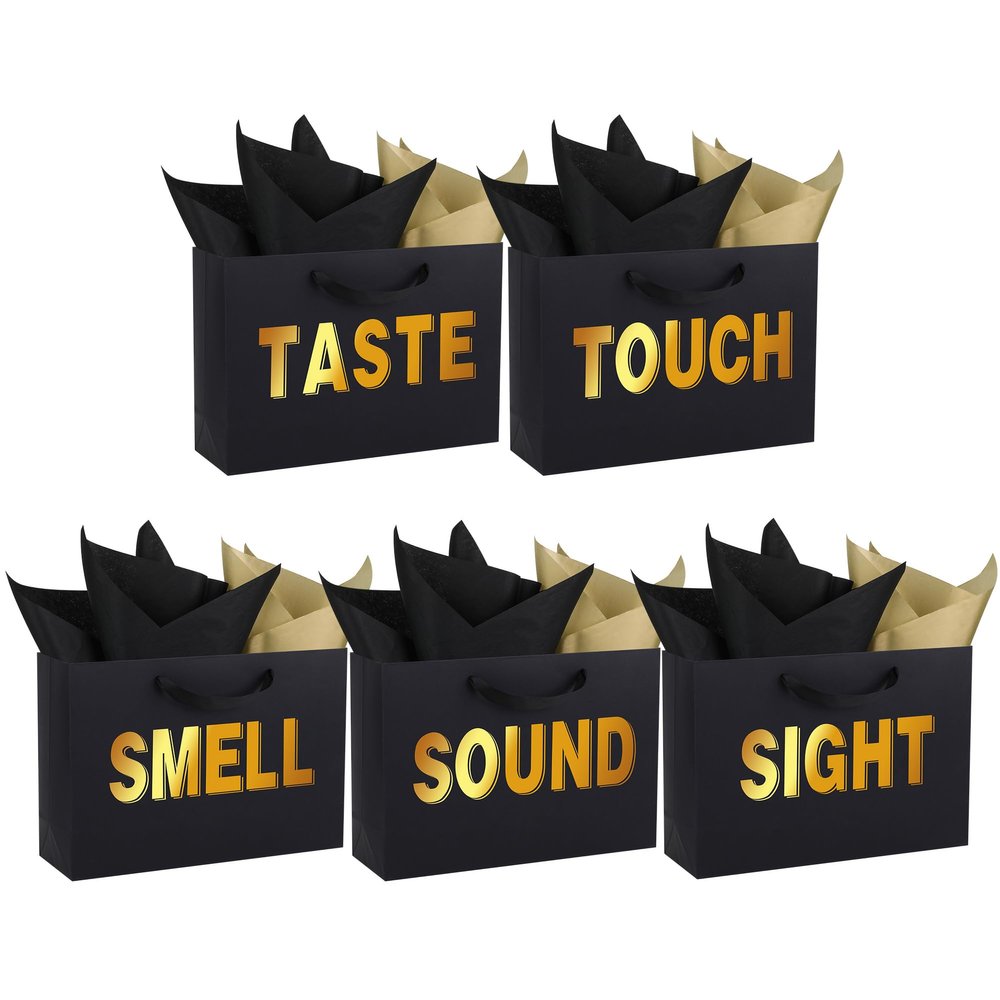 STOBOCTER 5 Senses Gift Bags for Him Her Five Senses Gift Bags with Ribbon Handles and Tissue Paper Present Wrappings for Valentine Wedding Christmas Anniversary Birthday(Black, 12.6''x8.8''x4'')