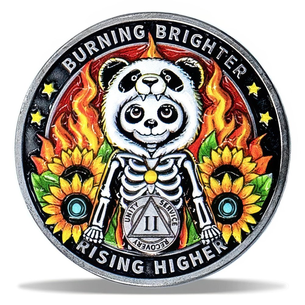 2 Year Panda Skull Sunflower Sobriety Coin Burning Brighter NA Medallion Spiritual Token for Recovery & Clean Time NA AA Chips Gift for Men & Women