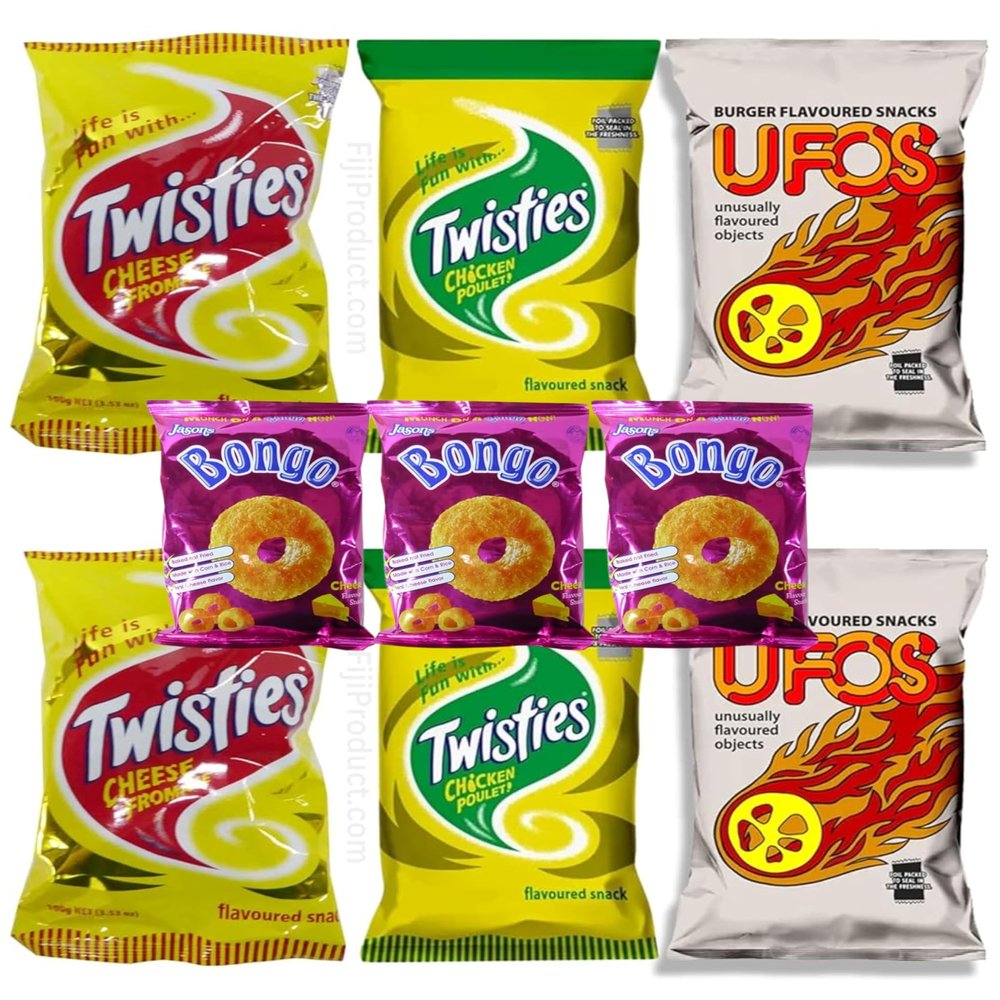 Variety Pack Puffs Snacks - Twisties Cheese, Twisties Chicken, UFO'S, Bongo Cheese (Value Pack Of 9) Favorite Snack Of The Pacific Islanders, Imported From FIJ " Snack Lovers "