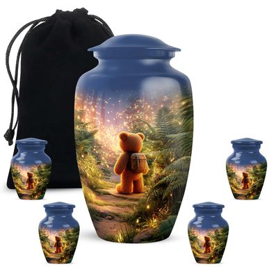 JAGASY Teddy Bear Large and Keepsake Urn for Parents Small Cremation Holder for Siblings Tiny Ashes Container for Brother Memorial Combo Male Female- 1 Large, 4 Small