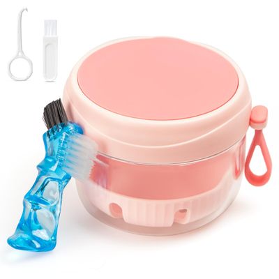 Denture Case, Leak Proof Denture Bath Cup for Travel, Pink Denture Container Cups for Soaking Full & Partial Dentures, Retainers, Mouth Guard with Denture Cleaner Brush, Aligner Removal Tool