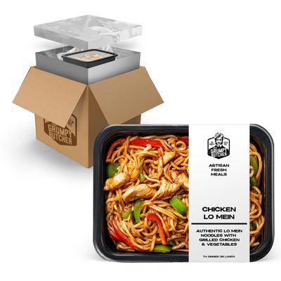 Grumpy Butcher Chef-Crafted Gourmet Meals - Chicken Lo Mein Noodles & Vegetables, 4-pack (14 oz each) - Asian Food Prepared Meals & Entrees